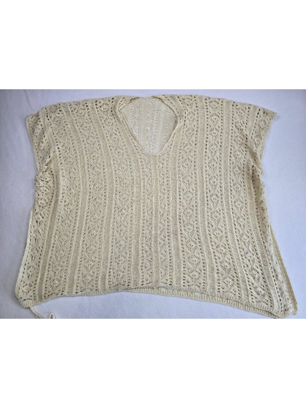 Crochet Knit Poncho OS One Size Top V-Neck Cream Swim Cover Boho Festival